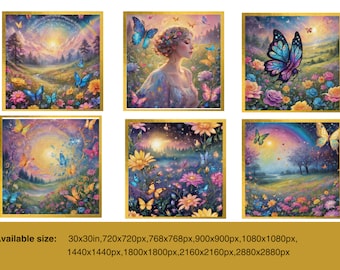 7 painting bundle,Beautiful girl in the garden, Butterfly, trendy art prints, decor prints, Printable