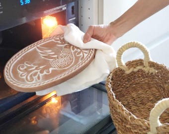 Handmade Terra Cotta Bread Warmer with Oval Wicker Basket