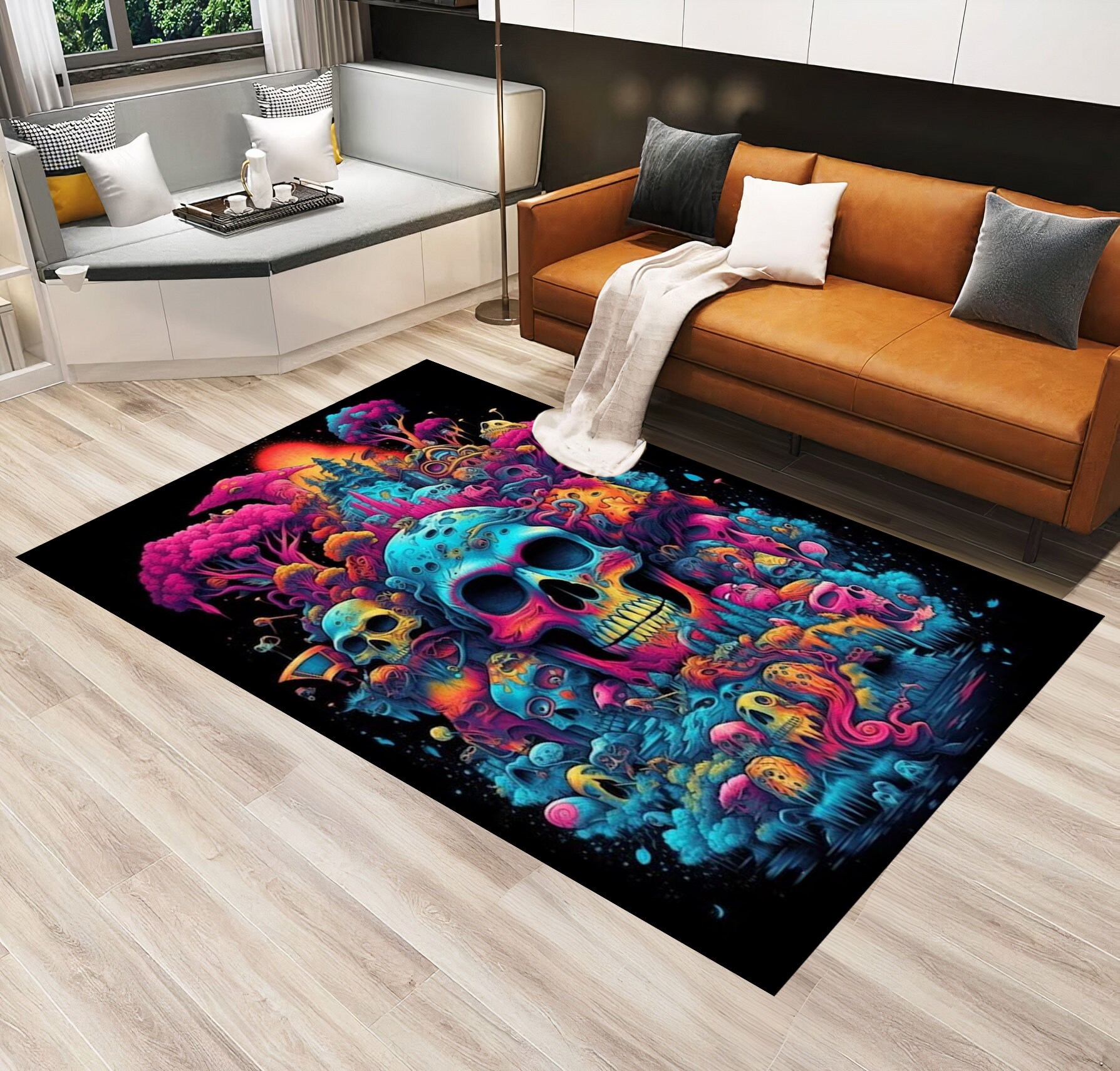 Discover Skulls Pattern Rug,Skulls Pattern Rug,Scary Rug,Neon Color Skulls,Rugs For Living Room,Rug For Bedroom,Gift For Him,Horror Decor,Area Rug