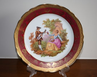 Vintage Limoges Porcelain Plate in Red and Gold with Fragonard Courting Couple