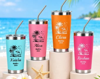 Personalized Beach Travel Mugs, Custom Engraved Stainless Steel Tumbler, Vacation Insulated Cup for Trips