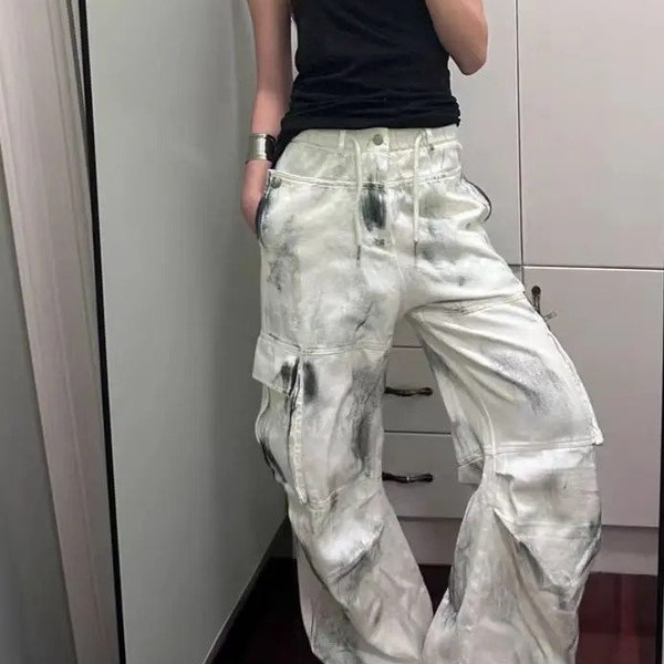 Y2K blanc punk rock high street faible cargo vintage taille haute jambe large baggy harajuku coréen des années 2000 trash oversize grunge denim femme