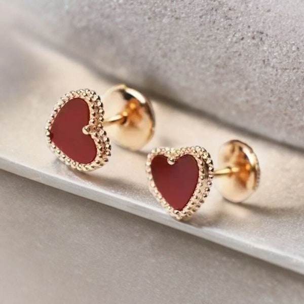 Red Agate Earrings, Heart Earrings, Minimalist Earrings, Cute Small Earrings, Rose Gold, 925 Sterling Silver, Carnelian Stone, Gift for Her