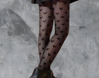 Heart Pattern Fishnet Tights / Heart Patterned Black Fishnets / Gothic Emo Fishnet Stockings / Black Fishnets Tights / Gothic Heart Leggings