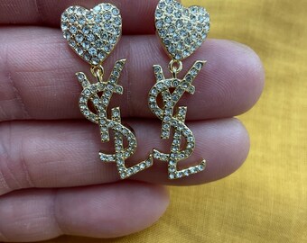 Vintage YSL Gold & Rhinestone Heart dangle earrings