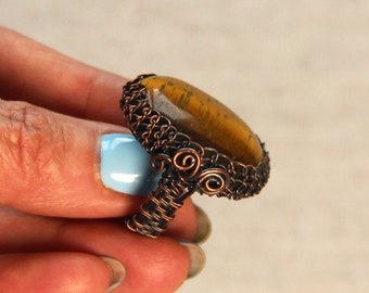 Tiger Eye Copper Wire wrapped Ring 17.5 size