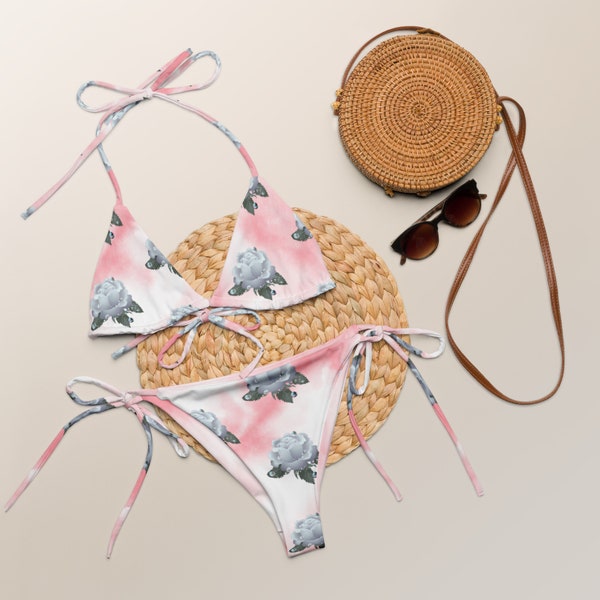 Bikini Set -Ober und Unterteil- Sommermode- weiß-rosa mit Rosen - Übergröße bis 6XL- Damen