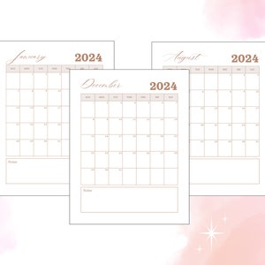 2024 Printable Minimalist Calendar Digital Vertical 12 Months Notes, to