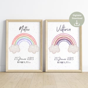 Scarica il PDF dell'intero arcobaleno dell'immagine dei dati di nascita| Tema natale regalo nascita | Immagine dell'annuncio di nascita | Poster nascita da stampare personalmente