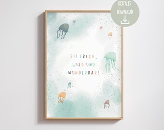 Descarga digital cartel de afirmación mundo submarino con dicho | Póster Animales Marinos Habitación Bebé | medusas de mar | Imágenes Habitación Infantil | PDF