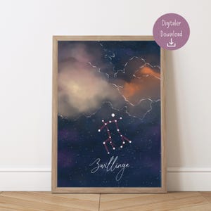 Póster de cielo estrellado con el horóscopo del signo zodiacal "Géminis" | Imprime tu propio mapa de constelaciones | Descarga digital en PDF de los signos del zodiaco