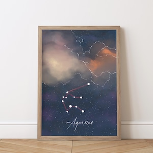 Póster cielo estrellado con signo del zodíaco Acuario | Imagen del signo del zodiaco estrellas | Espiritualidad de las constelaciones | Horóscopo de regalo astrológico