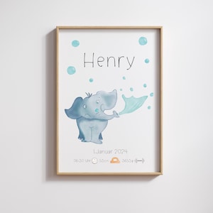 Anuncio de nacimiento cartel elefante | imagen de fecha de nacimiento amorosa | Acuarela de carta natal | Regalo de nacimiento | Póster de nacimiento para la habitación del bebé.