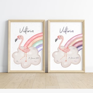 Datos de nacimiento imagen flamenco con arcoiris | Nacimiento de regalo de carta natal | imagen colorida del anuncio de nacimiento | Cartel de nacimiento bebé DIN A4 A3 A2