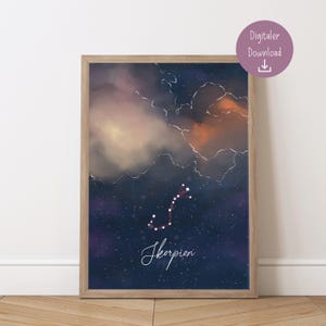 Póster de cielo estrellado con el horóscopo del signo zodiacal "Escorpio" | Imprime tu propio mapa de constelaciones | Descarga digital en PDF del signo zodiacal