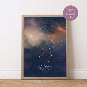 Póster de cielo estrellado con el horóscopo del signo zodiacal "Libra" | Imprime tu propio mapa de constelaciones | Descarga digital en PDF del signo zodiacal