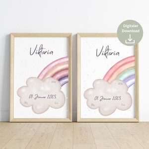 Immagine dei dati di nascita nuvola arcobaleno | download digitale | Nascita regalo | Immagine dell'annuncio di nascita | Poster nascita bambino da stampare tu stesso