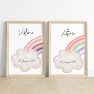 Imagen de fecha de nacimiento arco iris y nube | Nacimiento de regalo de carta natal | imagen de anuncio de nacimiento de color pastel | Cartel de nacimiento bebé DIN A4 A3 A2