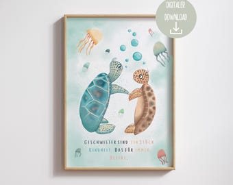 Birth poster with turtles for siblings and a saying | Digital download, PDF | Sibling love | Big sister & brother
