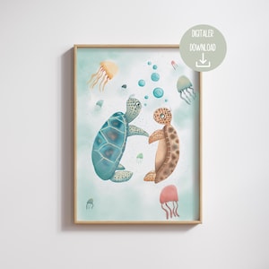 Póster de hermanos con imagen de tortuga | Descarga digital | decoración de criaturas marinas | Amor entre hermanos bajo el agua | Decoración Habitación Infantil Animales Mar