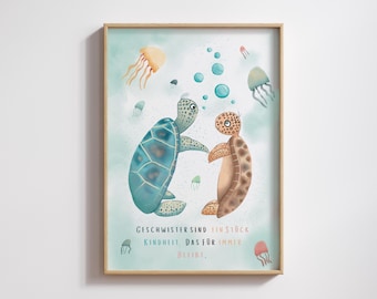 Birth poster with turtles and a saying for siblings | DIN A4, A3, A2 | Sibling love, sister, brother