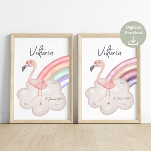 Immagine dei dati di nascita del fenicottero arcobaleno PDF scaricabile| Tema natale regalo nascita | Immagine dell'annuncio di nascita | Poster nascita da stampare personalmente