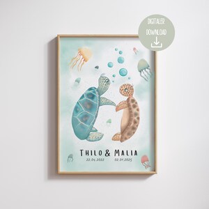 May include: A digital download of a printable art print featuring two watercolor turtles swimming in a blue ocean with bubbles. The turtles are facing each other and have a light blue and brown shell. The text "Thilo & Malia" is below the turtles with the dates "22.04.2022" and "02.01.2025" underneath.