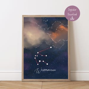 Póster de cielo estrellado con horóscopo del signo zodiacal “Acuario” | Imprime tu propio mapa de constelaciones | Descarga digital en PDF de los signos del zodíaco