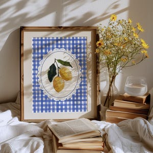 Art mural citron | Poster Fruit Cottagecore | Décoration de cuisine italienne | Oeuvre d&#39;art de la côte amalfitaine | Imprimé agrumes à rayures bleues tendance | Téléchargement numérique