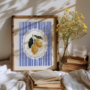Poster de noyau de grand-mère citron | Art mural d&#39;agrumes d&#39;Italie | Décoration Cottagecore pour cuisine | Oeuvre d&#39;art tendance côte amalfitaine à rayures bleues | Téléchargement numérique