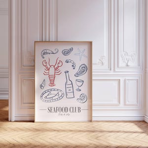 Seafood Club Coastal Digital Print | Nautical Oyster Art | Beachy Prints | Doodle Lobster Wine Shrimp Food Wall Art | Fisherman Aesthetic