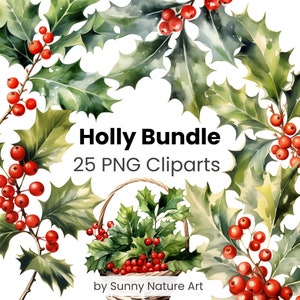 Holly Clipart Flower Bundle PNG,Descarga digital,Uso comercial,Acuarela floral,Transparente,Navidad roja,Mes de nacimiento diciembre