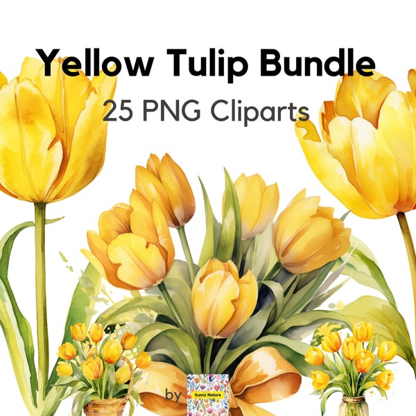 Yellow Tulips Clipart Flower Bundle PNG, Digital Download, For Commercial Use,Floral Watercolor, Transparent Yellow Bouquet Vase Basket Ring