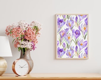 Purple Crocus flower Wall Art, Colorful Floral Watercolor Prints, Printable Artwork, Digital Download