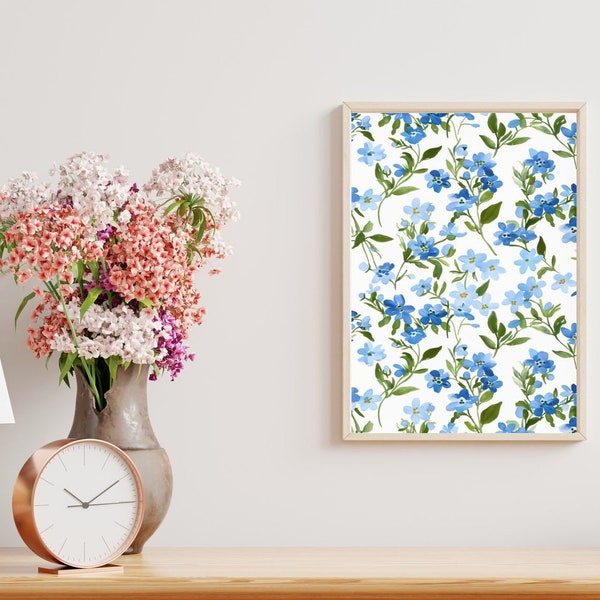 Blaue Vergissmeinnicht Blumen Wandkunst, bunte Blumen Aquarell Drucke, druckbare Grafik, digitaler Download