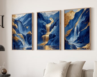 Arte da parete in oro blu, arredamento astratto, stampa paesaggio cascata, arredamento Royal Blue Navy, arte da parete massimalista, arredamento eclettico, poster del fiume lago