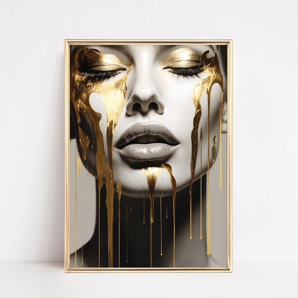 Abstraktes Frauen Gesicht Wandkunst, Mädchen Wandkunst Porträt Gold Gesicht Wandkunst, Frau Kunstdruck, Wohndekor Wandkunst, Moderne Hauskunst, digitale Kunst