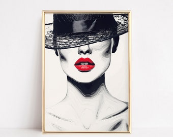 Poster Donna con cappello che copre gli occhi, Stampa digitale Ritratto di donna, Poster labbra rosse, Arte murale di moda, Arte astratta della parete del volto, Pittura moderna