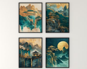 Gallery Wall Set, Japanese Landscape Print, Green Gold Japanese Wall Art, Emerald green print, Maximalist Wall Art, Japandi Art, Digital Art