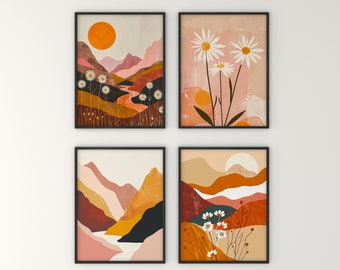 Opere d'arte astratte di montagna, arte della parete colorata, illustrazione astratta delle margherite dell'arte del tramonto, stampa del soggiorno, arte del paesaggio, arte della parete floreale Set 4