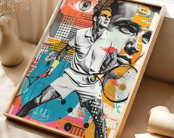 Poster di Roger Federer, Uomo che gioca a tennis, Decorazione della parete di tennis, Arte della parete sportiva stampabile, Poster del giocatore di tennis, Arte della parete astratta, Arte sportiva