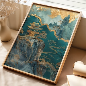 Set da parete per gallerie, stampa paesaggistica giapponese, arte da parete giapponese in oro verde, stampa verde smeraldo, arte da parete massimalista, arte Japandi, arte digitale immagine 3