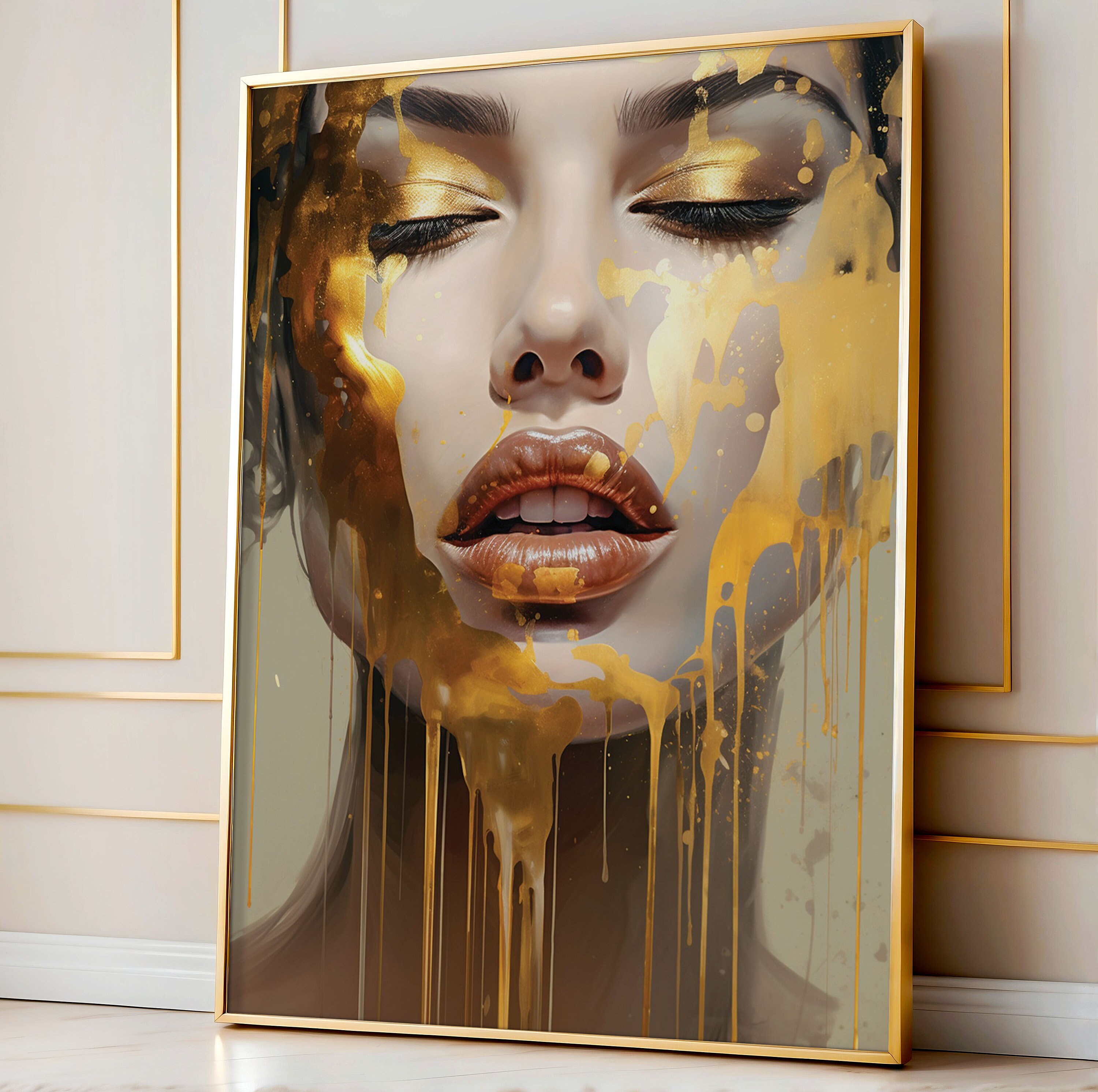 Abstract Woman Face Wallart, Female Figure Wallart, Gold and White