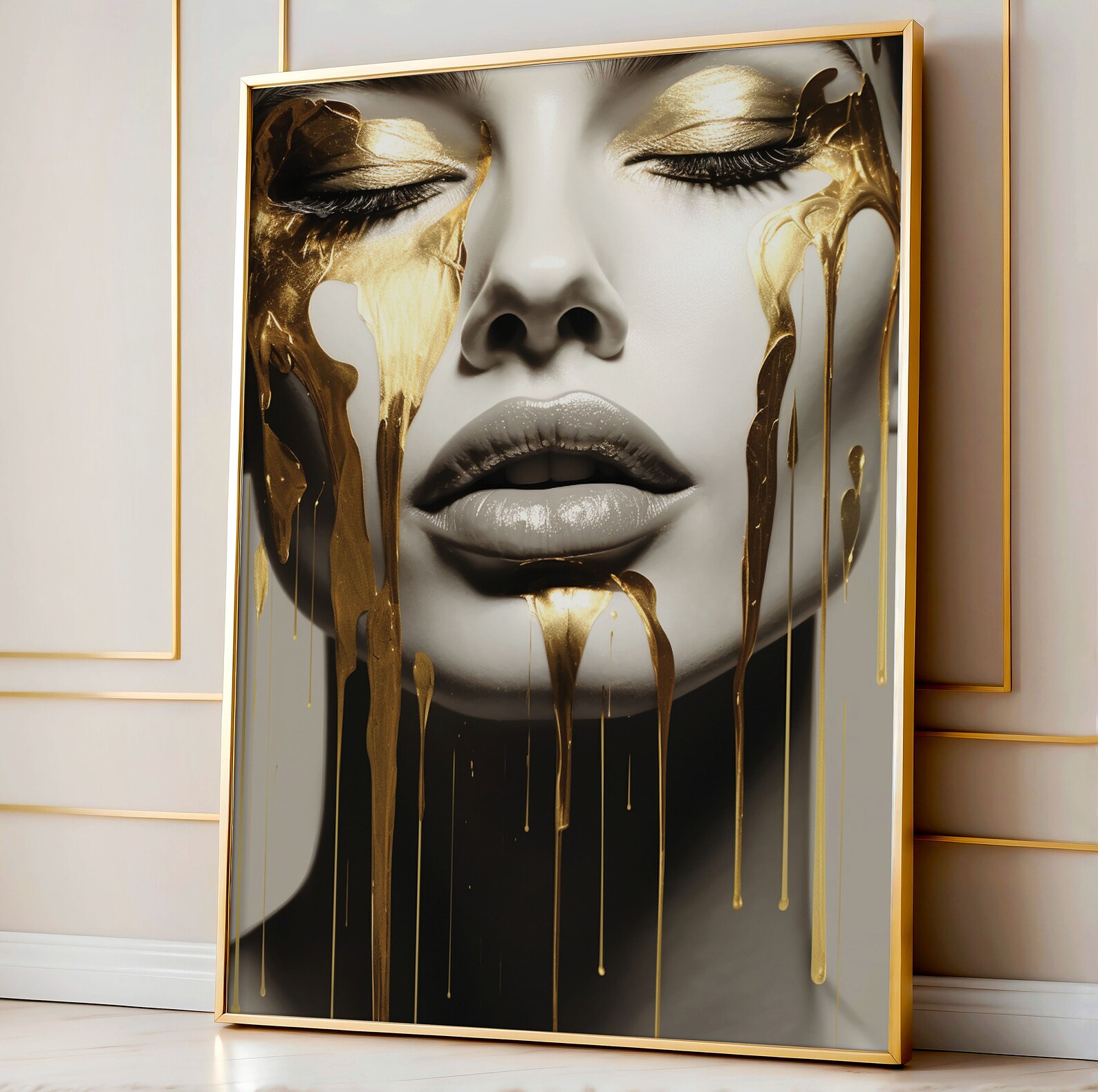 Abstract Woman Face Wallart, Female Figure Wallart, Gold and White
