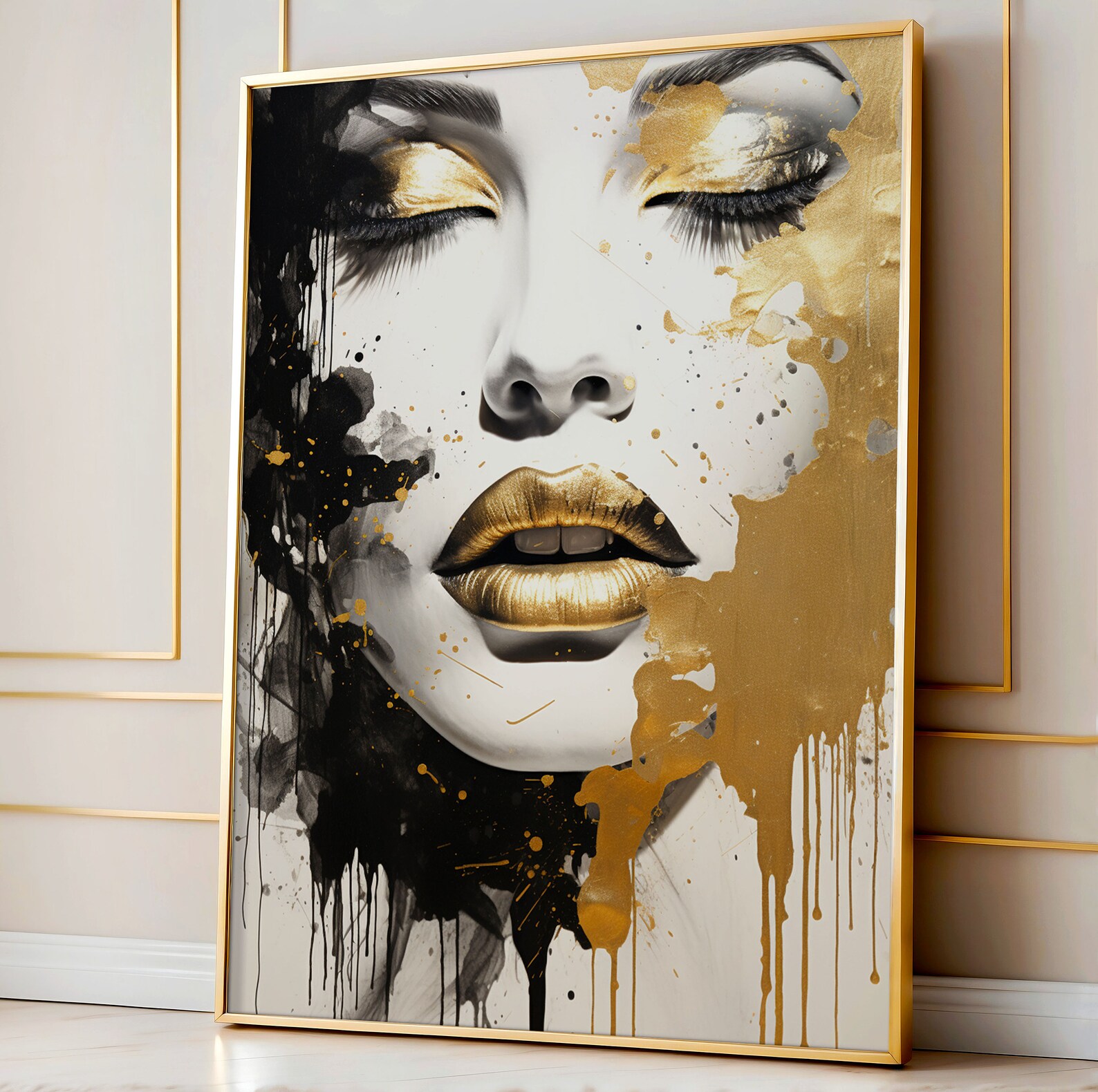 Abstract Woman Face Wallart, Female Figure Wallart, Gold and White