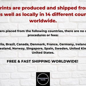 The image is a promotional text for a company that ships prints worldwide. It states that the prints are produced and shipped from the US and 14 different countries, and there are no customs procedures or fees for orders placed from these countries. The text also mentions that the company offers free and fast shipping worldwide.