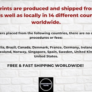 The image is a promotional text for a company that ships prints worldwide. It states that the prints are produced and shipped from the US and 14 different countries, and there are no customs procedures or fees for orders placed from these countries. The text also mentions that the company offers free and fast shipping worldwide.
