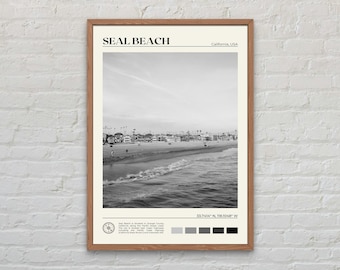 Impresión en blanco y negro de Seal Beach, arte mural de Seal Beach, póster de Seal Beach, foto de Seal Beach, decoración de pared de Seal Beach, póster de California, EE. UU.