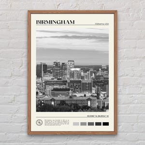 Impresión en blanco y negro de Birmingham, arte mural de Birmingham, póster de Birmingham, foto de Birmingham, impresión de póster de Birmingham, póster de Alabama, EE. UU.