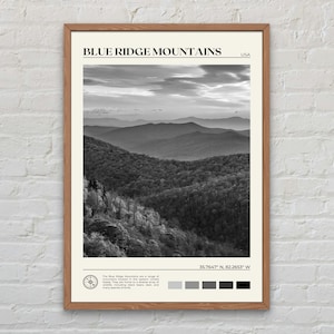 Schwarz und weiß, Blue Ridge Mountains Druck, Blue Ridge Mountains Wandkunst, Blue Ridge Mountains Poster, USA Poster Print